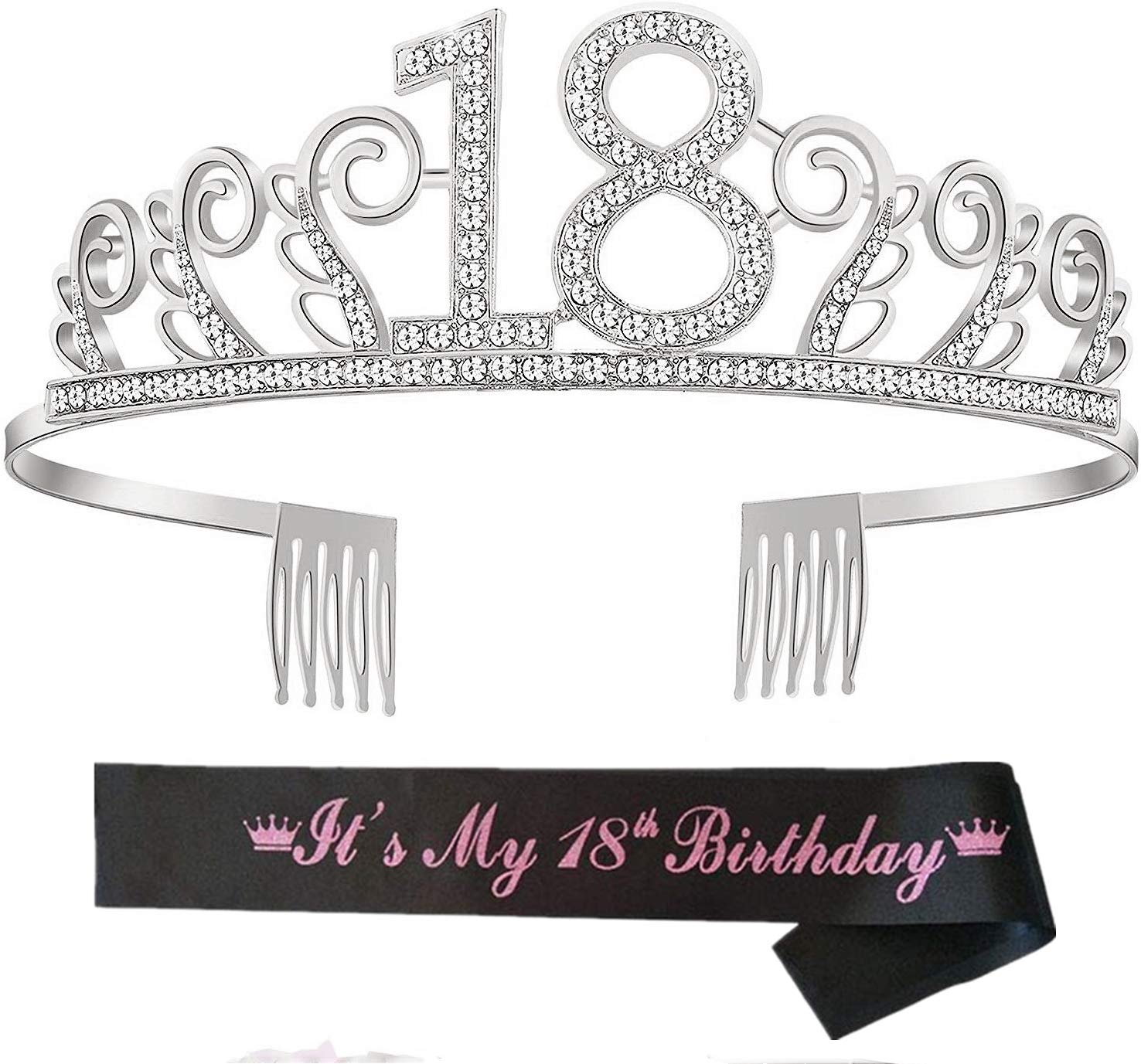 Birthday Crown Tiara,Sash Tiara set 18th Rhinestone Crown Headband and Black Satin Sash for Girls Birthday Party Supplies Favors Decorations