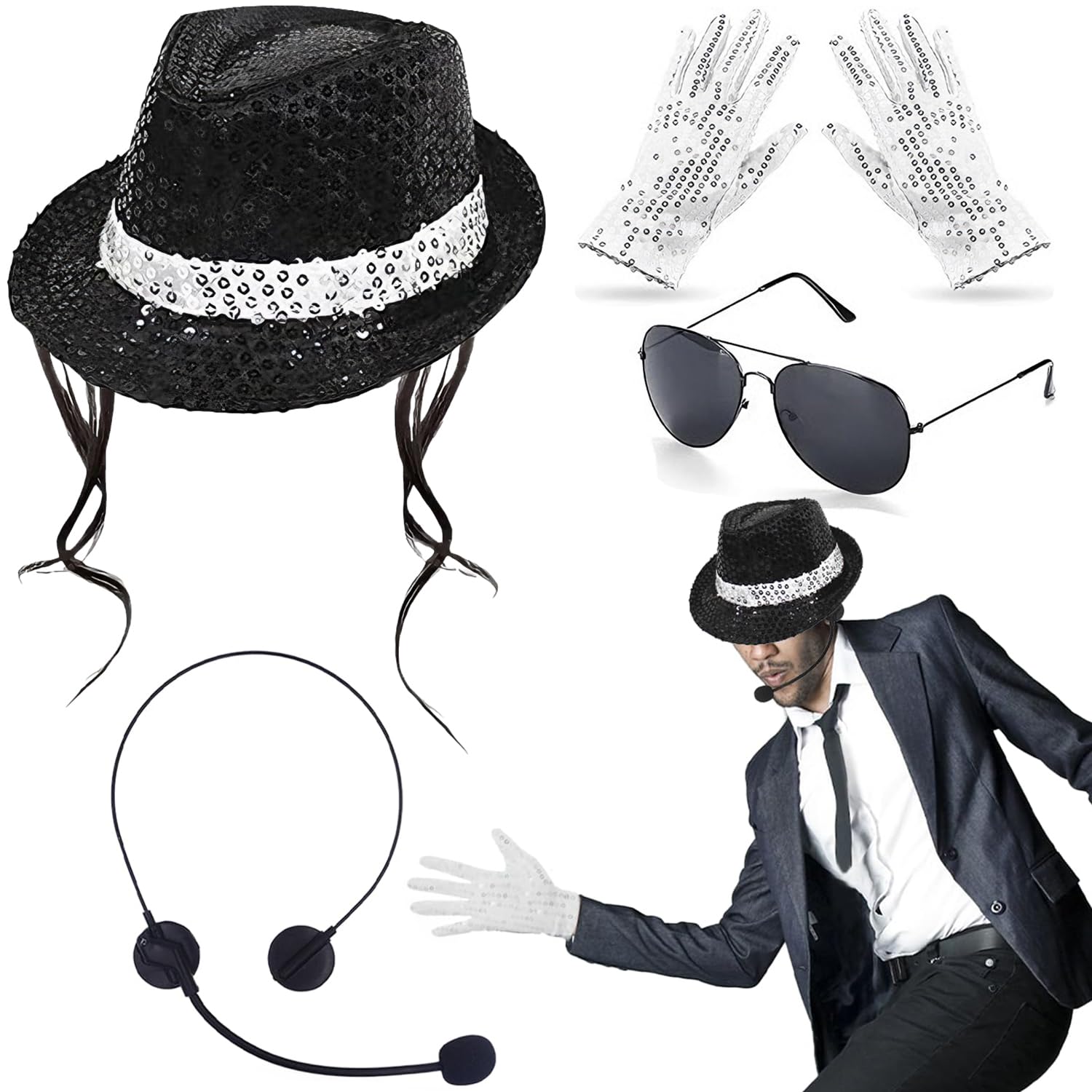 MJ Costume Accessories Adults Disco Costume Set 80s Dancer Rocker Star Cosplay Fancy Dress Accessories with Jazz Sequin Hat Glove King of Pop Fancy Dress Set for 80 Theme Party Carnival Dance Party