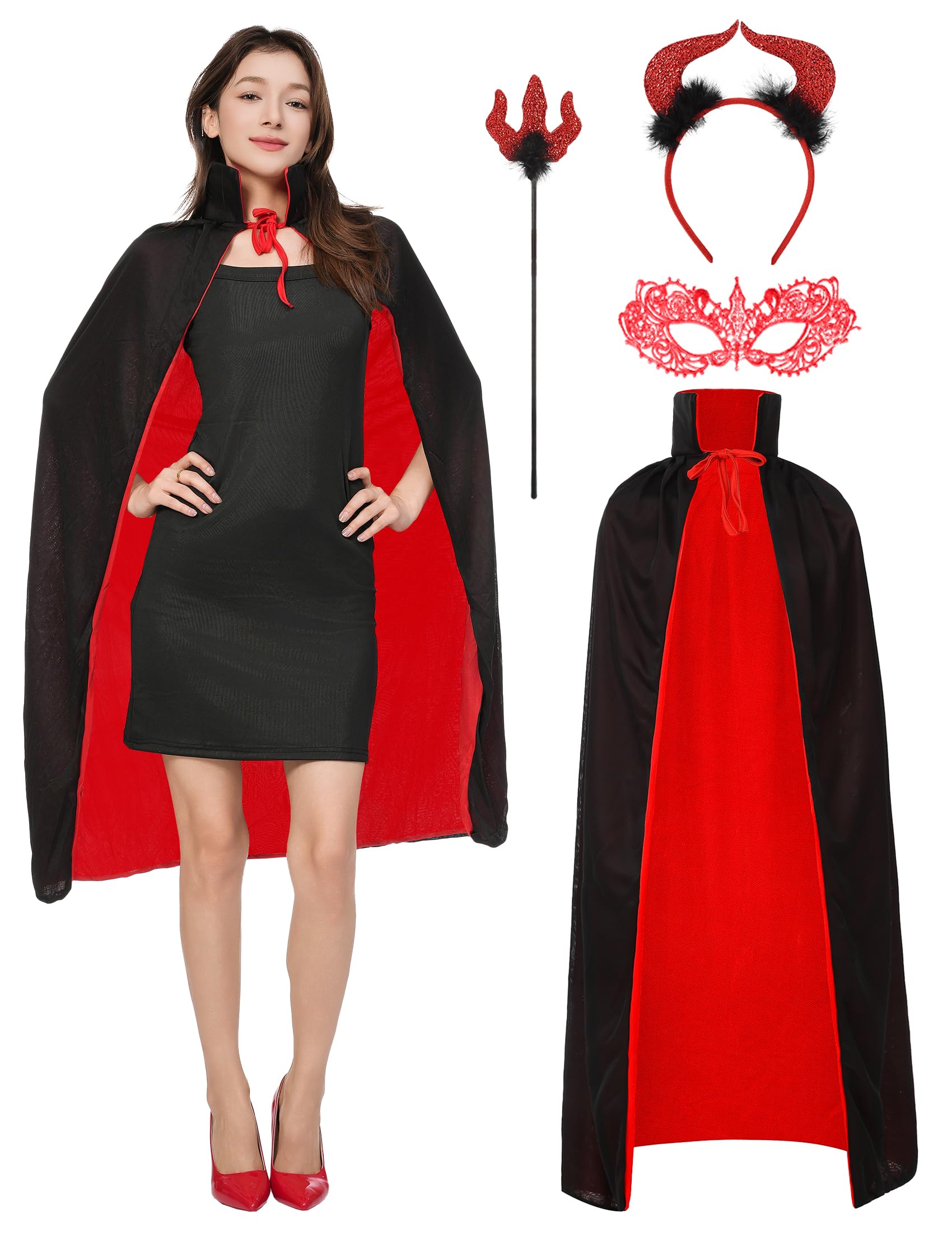 NMKL 4Pcs Halloween Devil Costume Women Set Reversible Devil Cloak with Devil Horns Headband Devil Fork and Eye-mask for Cosplay Party Outfit (140)