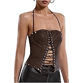 RoseSeek Women's PU Leather Lace Up Halter Top Y2K Sleeveless Backless Party Club Going Out Tops
