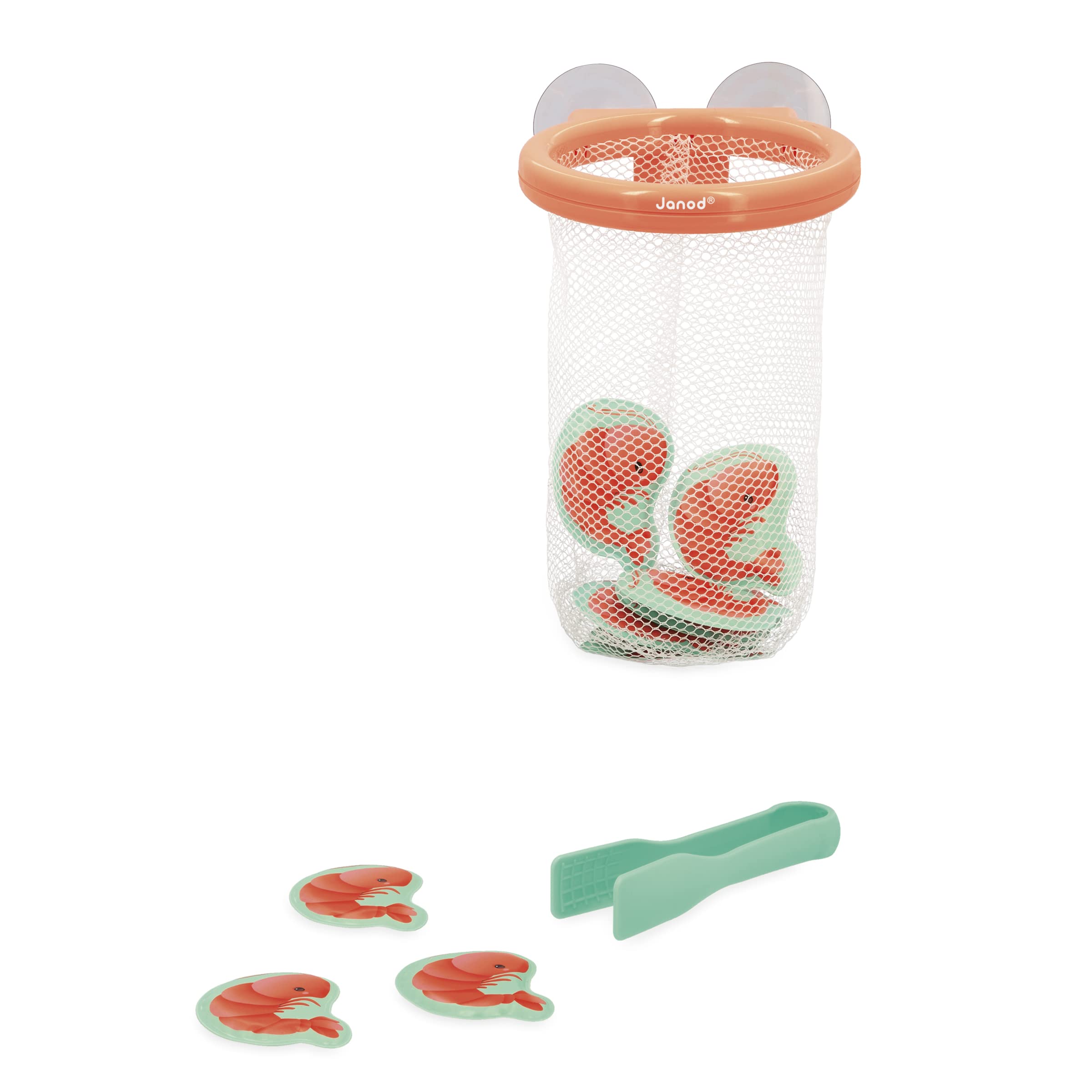 Janod - Shrimp Catcher - Baby Bath Toy - 12 Shrimp, Tongs, and Suction Cup Basket - Developmental Toy for Ages 24 Months and Up - J04730 — image 1