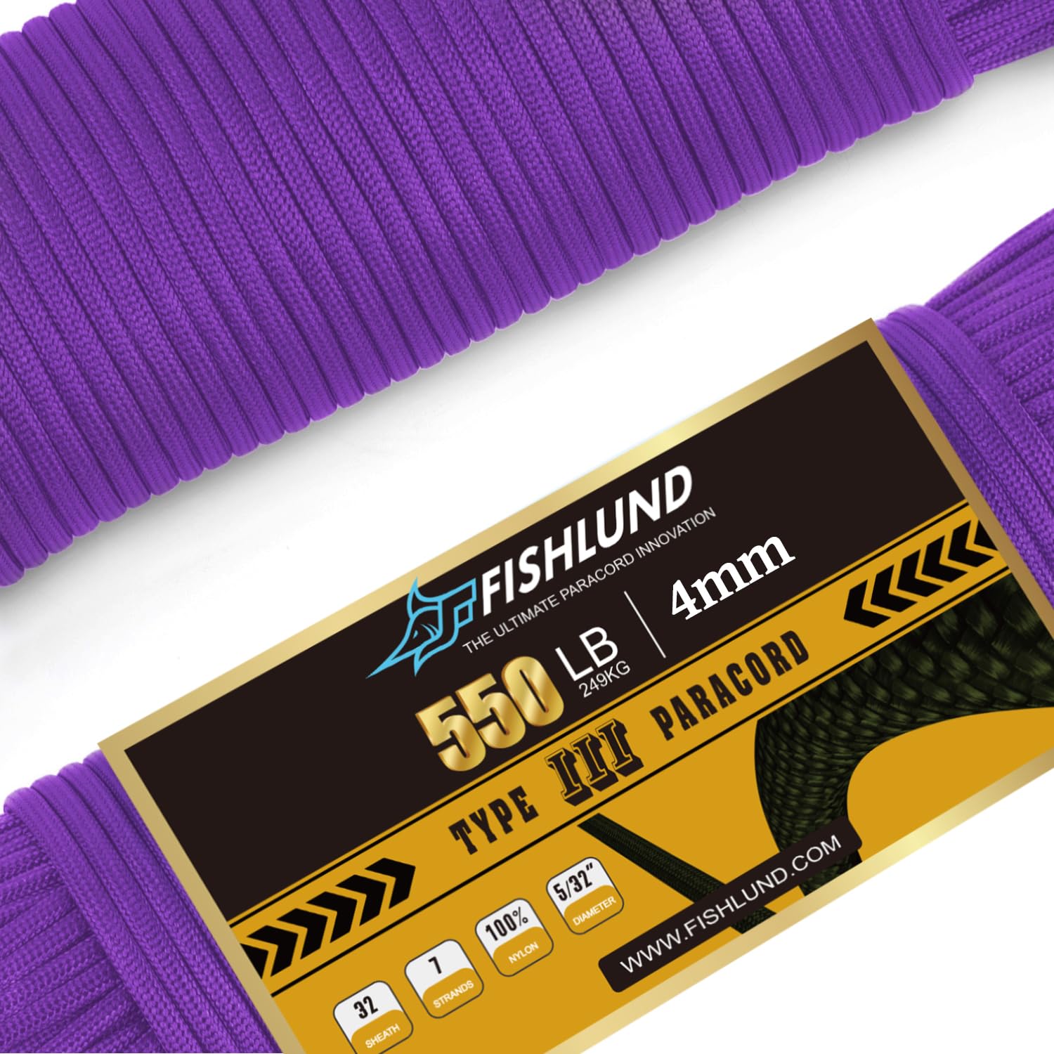 FISHLUND Paracord 550 lb, 7 Strand Paracord Rope 50ft 4mm, Nylon Parachute Cord for Camping, Purple