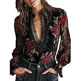 Women's Retro Velvet Top Vintage Floral Blouse Bell Sleeve Lace Trim V-Neck Loose Ruffle Office Casual Shirt