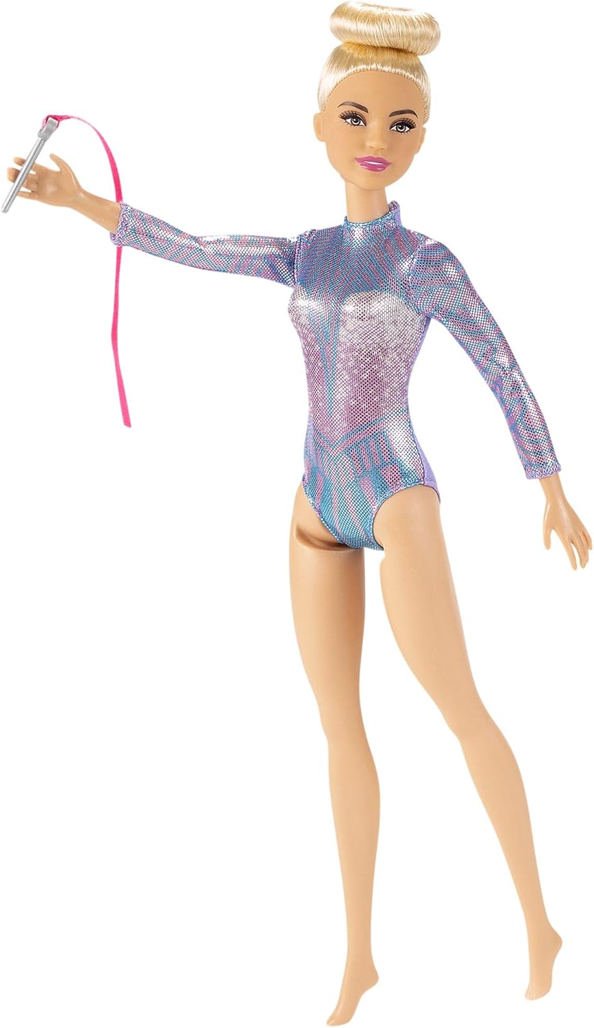 Barbie Rhythmic Gymnast Blonde Doll (12-in/30.40-cm) with Colorful Metallic Leotard, 2 Clubs & Ribbon Accessory - Image 3