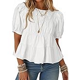 Tankaneo Womens Puff Sleeve Peplum Babydoll Tops Summer Smoked Pleated Cotton T-Shirts Casual Loose Fit Flowy Blouse