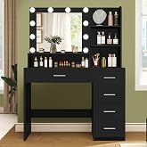 Quimoo Makeup Vanity Desk with Mirror &amp; Lights, Vanity Desk with 5 Drawers &amp; Storage Shelves, Vanity Table, 3 Color Modes &amp; Adjustable Brightness Dressing Table, Bedroom, Black