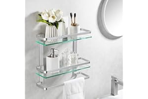 KES Bathroom Shelf Double Tempered Glass Shelves with Towel Bar Anodized Aluminum 2 Tier Wall Mount Sliver, A4127B