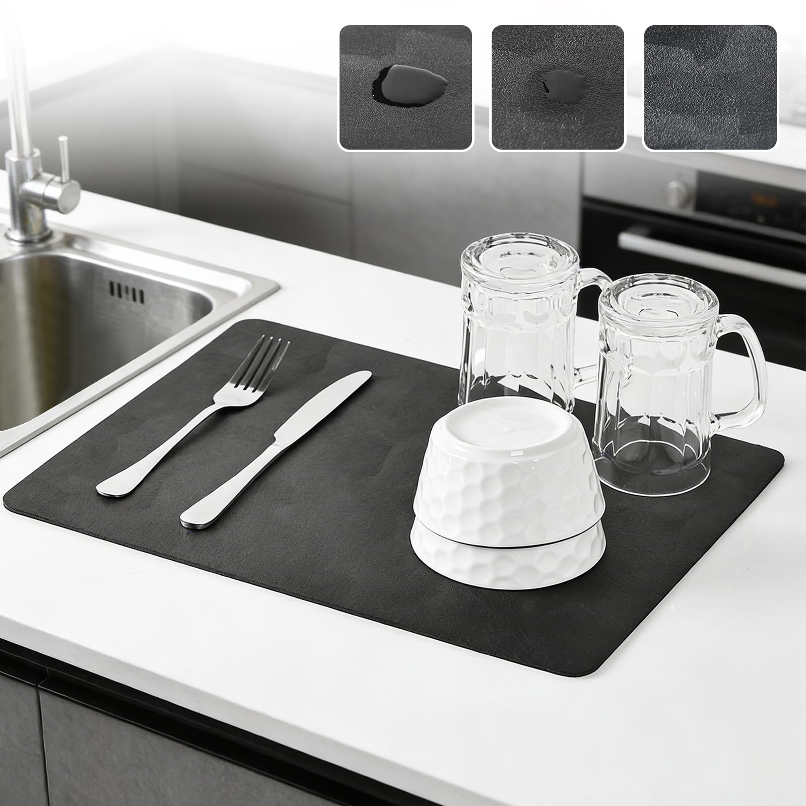 KitchenRaku Draining Board Mats, Super Absorbent Dish Drying Mat for Kitchen Counter, Quick Dry Coffee Mat with Non Slip Rubber Backed for Sink Dish Rack Worktop Drainer Mat (40X30CM)