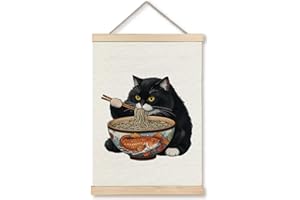 GDJIEGBC Funny Ramen Noodle Black Cat Poster Wall Art Framed,Vintage Japanese Cats Canvas Prints Wall Decor for Home Kitchen Dining Room Decor, 12x16 Inch