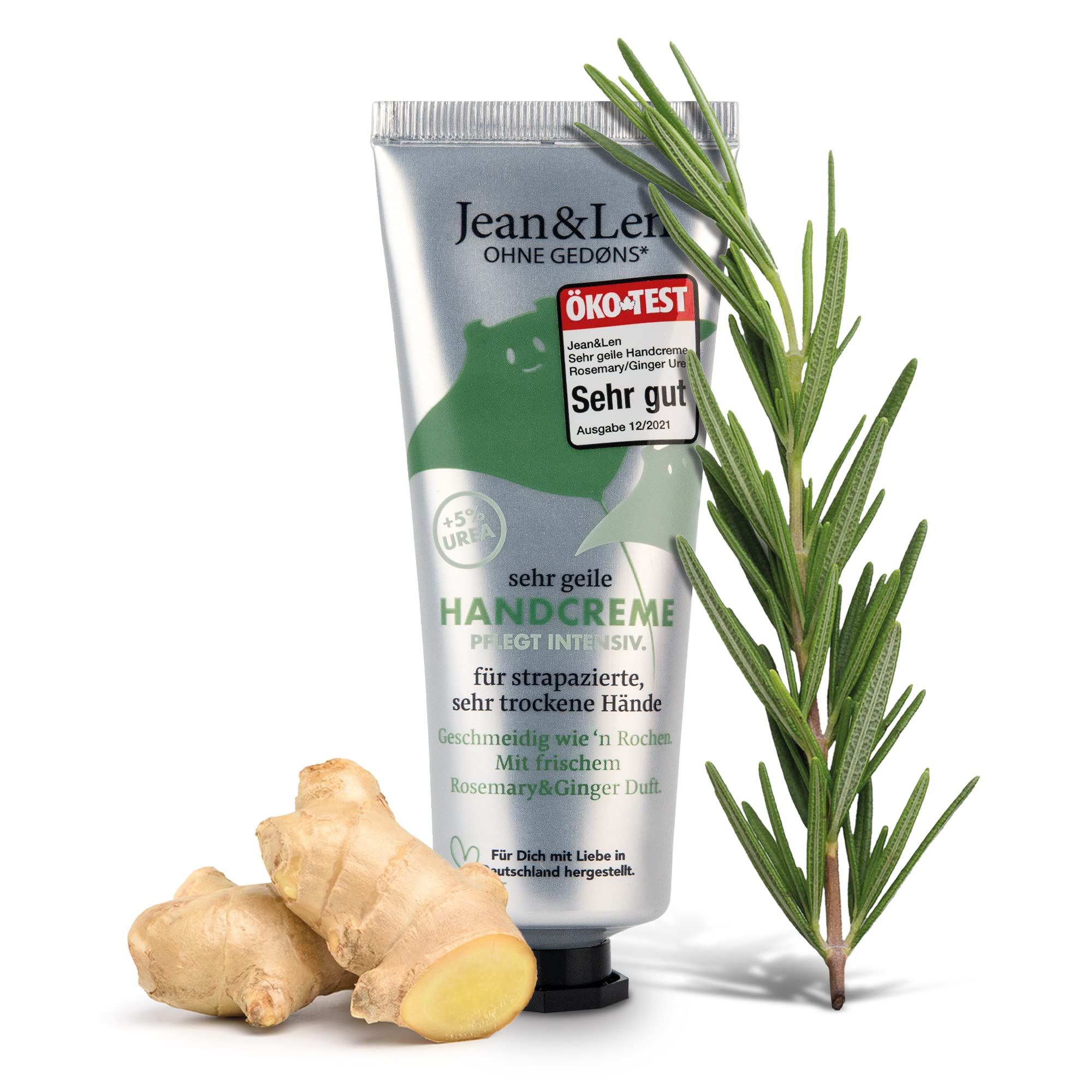 Jean & Len Very Horny Rosemary & Ginger Hand Cream with Urea, Hand Care for Dry and Cracked Hands, Moisturises and Nourishes Intensively, No Parabens & Silicones, Hand Cream Tube, Vegan, 75 ml
