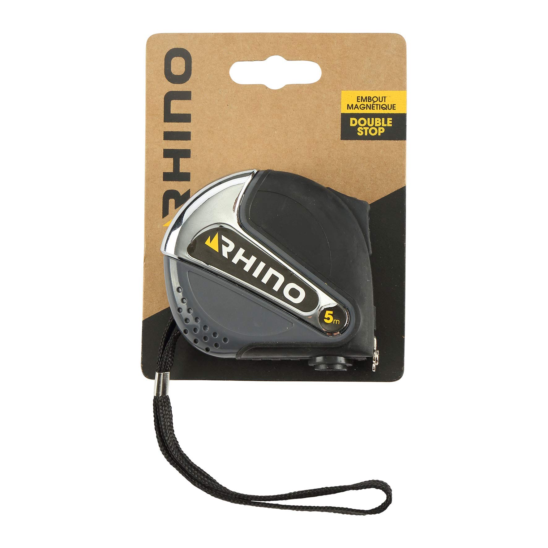 RHINO 46222 5 m Tape Measure with Magnetic Tip (Magnetic) with Double Stop Hook for Belt, EU Mid Class II Standard, Length 5 m x Width 19 mm, NC, 19 mm