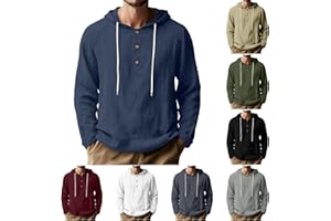 Mens Cotton Linen Shirts Long Sleeve Drawstring Hoodies 1/4 Button Lightweight Casual Tops Summer Beach Vacation Clothes