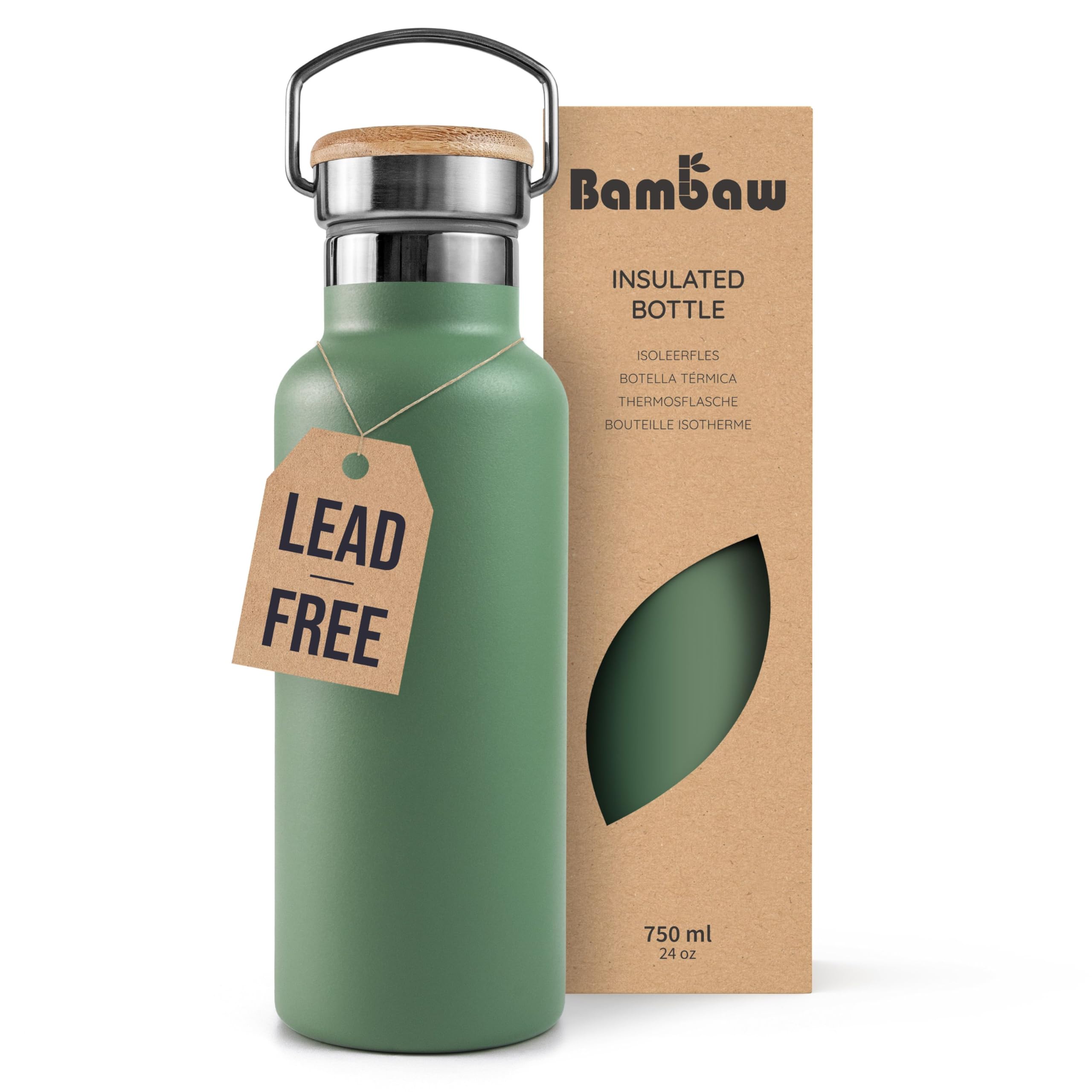 Bambaw Stainless Steel Insulated Water Bottle 750ml, Keeps Drinks Cold for 24h & Hot for 12h, Metal Insulated Water Bottles 750ml, Durable & Rust-Resistant, Great for Travel (Sage Green)