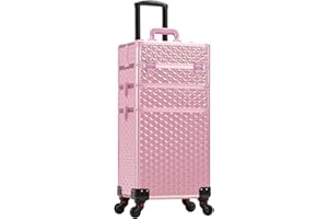 AROUS 3 in 1 Rolling Makeup Train Case Professional Cosmetic Trolley Large Storage with Keys Swivel Wheels Salon Barber Case Traveling Cart Trunk for Make Up Hairstylists Nail Tech, Girlie Pink