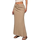 ELLEVEN Linen Flared Maxi Skirt with Back Slit - Elastic Waist Drawstring Long Flowy Ankle-Length Skirt