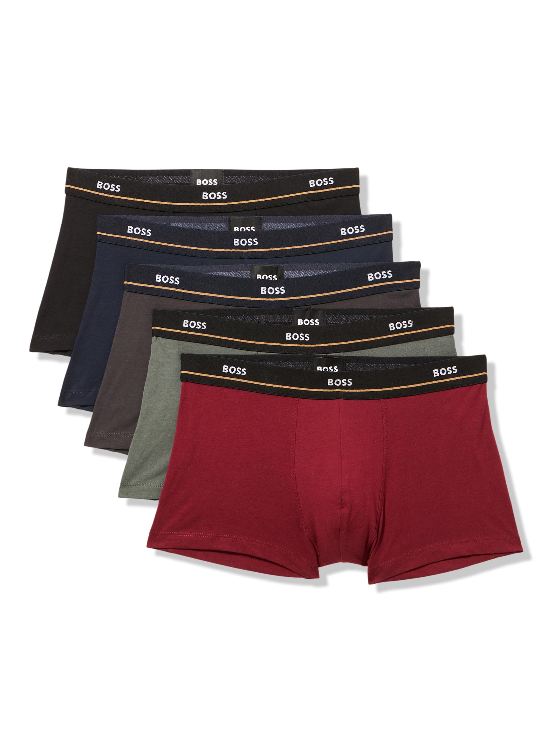 BOSS, 5 Pack Bold Logo Cotton Stretch Trunks, olive/cranberry/navy/charcoal/black, M