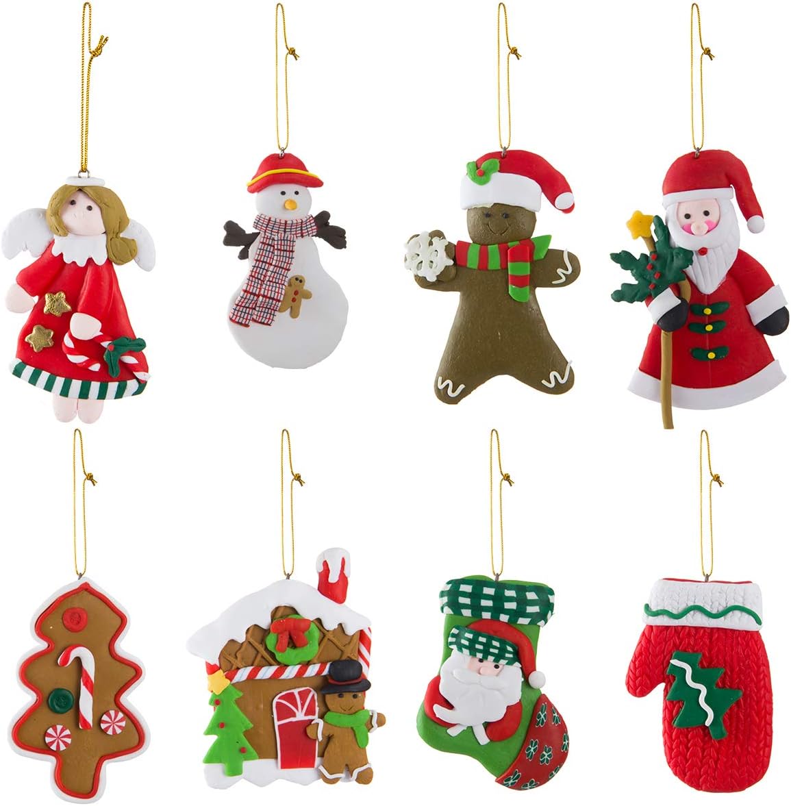 Apipi Set of 8 Assorted Clay Figurine Ornaments- Cute Traditional Gingerbread Man Santa Snowman Angel Doll Gloves Socks House Hanging Charms Xmas Tree Ornament for Holiday Decorations (3.5 inch)