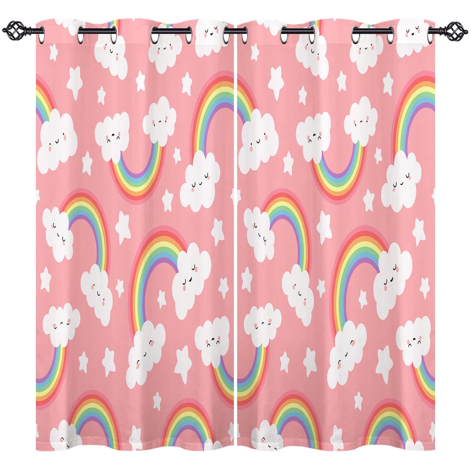 ANHOPE Rainbow Curtains Eyelet 80% Blackout Room Darkening Curtains Rainbow Cloud Pink Background Print Pattern Light Blocking Window Drapes for Girls Bedroom Living Room 46 x 54 Inch Drop 2 Panels