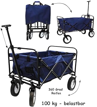 alles-meine.de GmbH Bollerwagen / Leiterwagen - 100 kg belastbar ! - mit Dach ___ faltbar & klappbar - BLAU - incl. Tasche - 