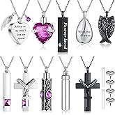 Jexine 10 Pcs Urn Necklace For Ashes Cremation Jewelry Wings Tear Drop Cross Crystal Ashes Necklace Stainless Steel Zircon Memorial Locket Vertical Bar Heart Waterproof Keepsake For Men