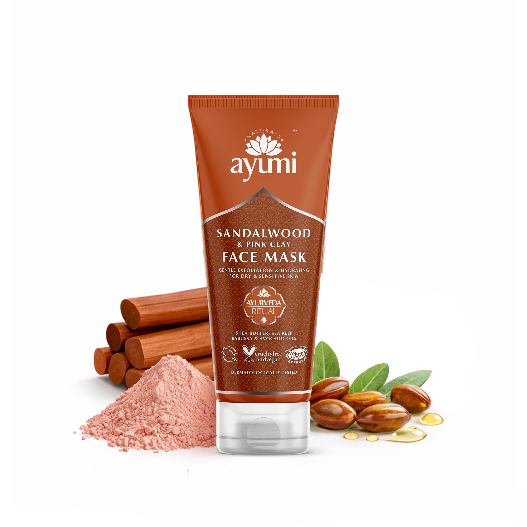 Ayumi Sandalwood & Pink Clay Face Mask | Hydrating Face Mask with Organic Shea Butter | Gentle Face Exfoliator Mask | Sensitive Skin FacePack with Avocado Oil | Natural Mask for Face Care |1x100ml