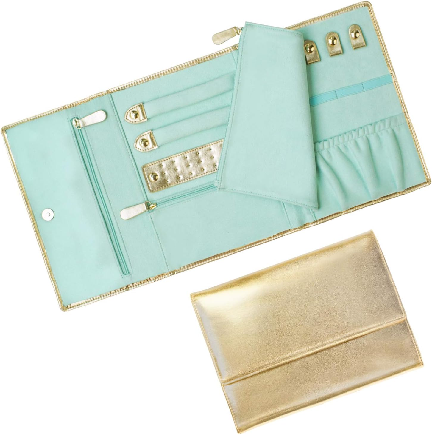 Amazon Com Mymazn Travel Jewelry Roll Organizer Foldable Jewelry Bag Case Shiny Leather Jewelry Storage With Soft Suede Liner Gold Mint Green Home Kitchen