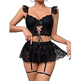 Mixxmix Lingerie Sets for Women Underwire Sexy Rave Outfits Lace Up Corset Garter Lingerie Bra and Skirt Sets with G-String