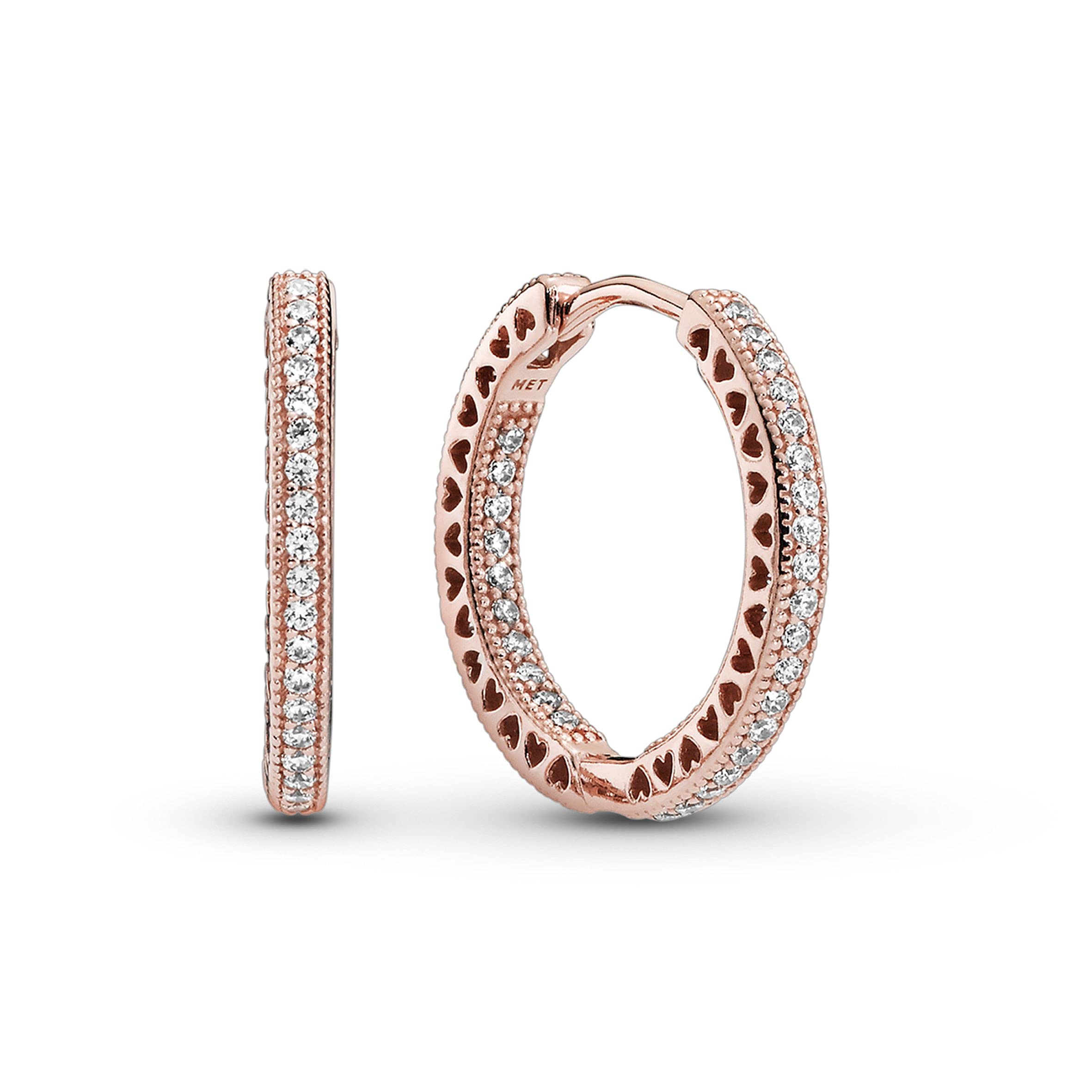 Pandora Signature Women's 14k Rose Gold-Plated Sparkle and Hearts Cubic Zirconia Hoop Earrings, No Box