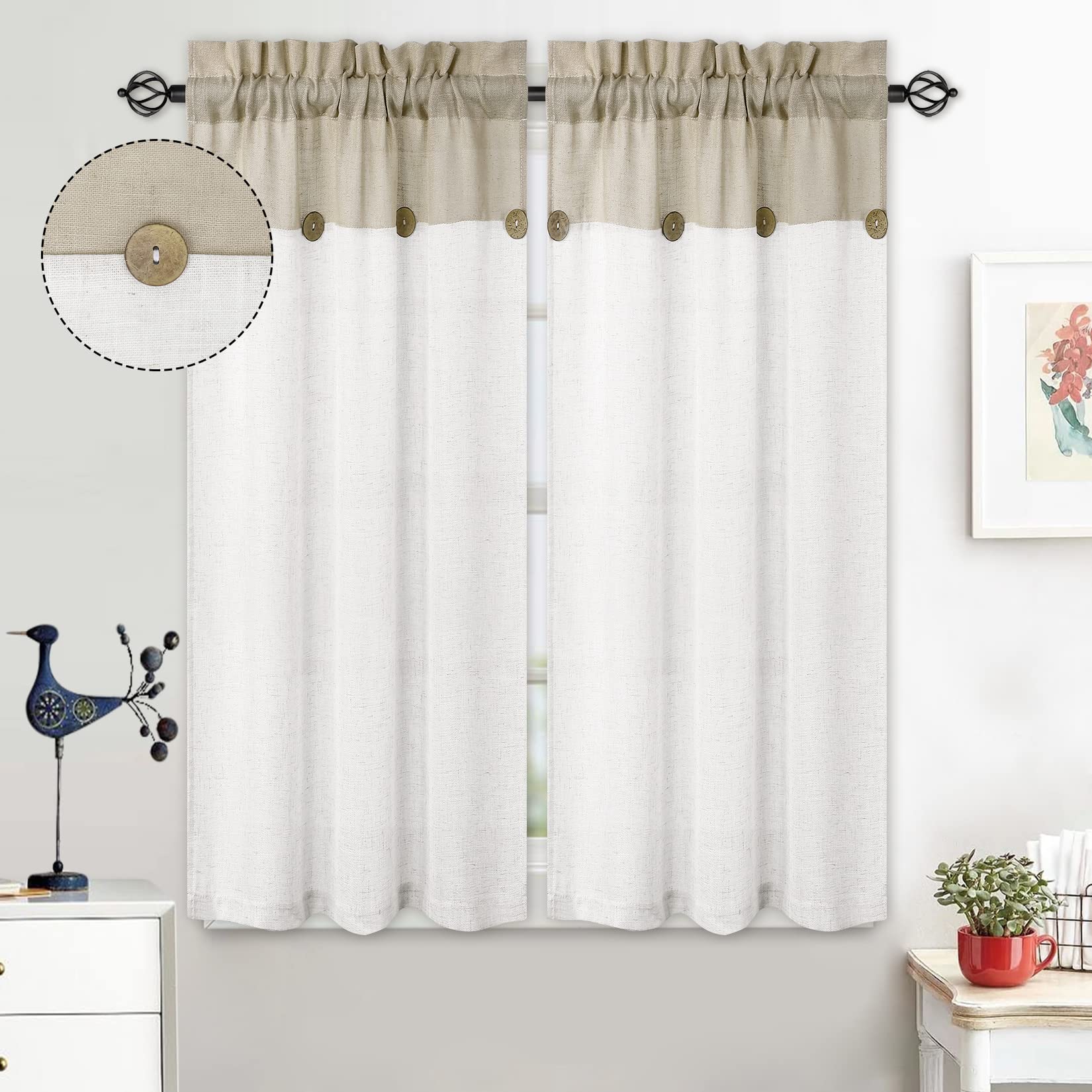 LuxFocus Patchwork Buttons Pattern Cafe Bathroom Half Window Curtains for Bedroom with Rod, 2 Panels, W 27 x L 45 inch, Taupe