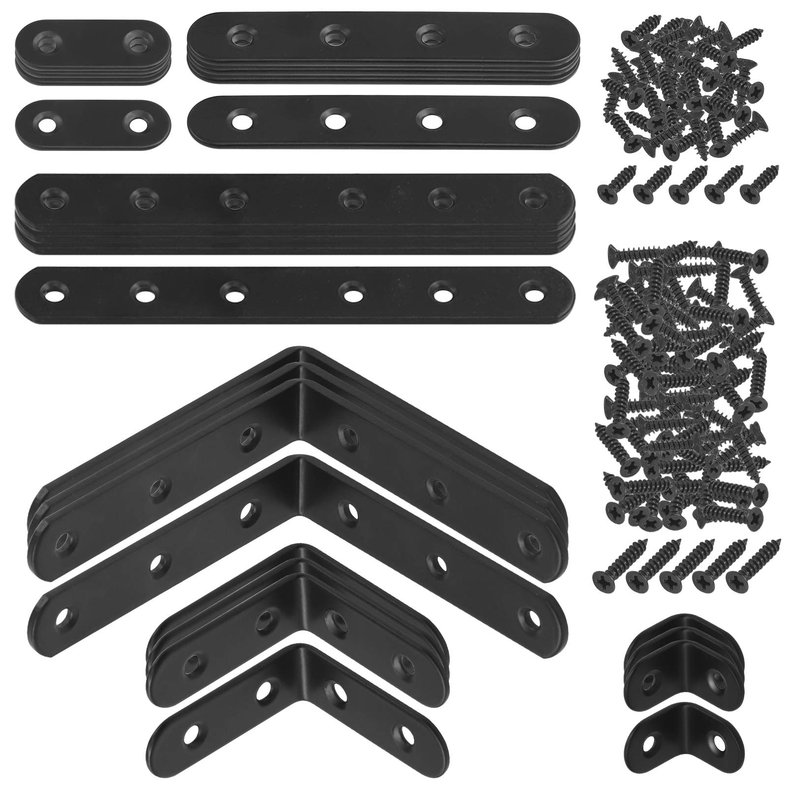 Mardatt 24 Sets Black Corner Braces L Brackets and Straight Braces Mending Plates Heavy Duty Assortment Kit with Screws Fasteners for Wood Shelf Chair Cabinet Furniture (20/50/100mm,40/100/160mm)