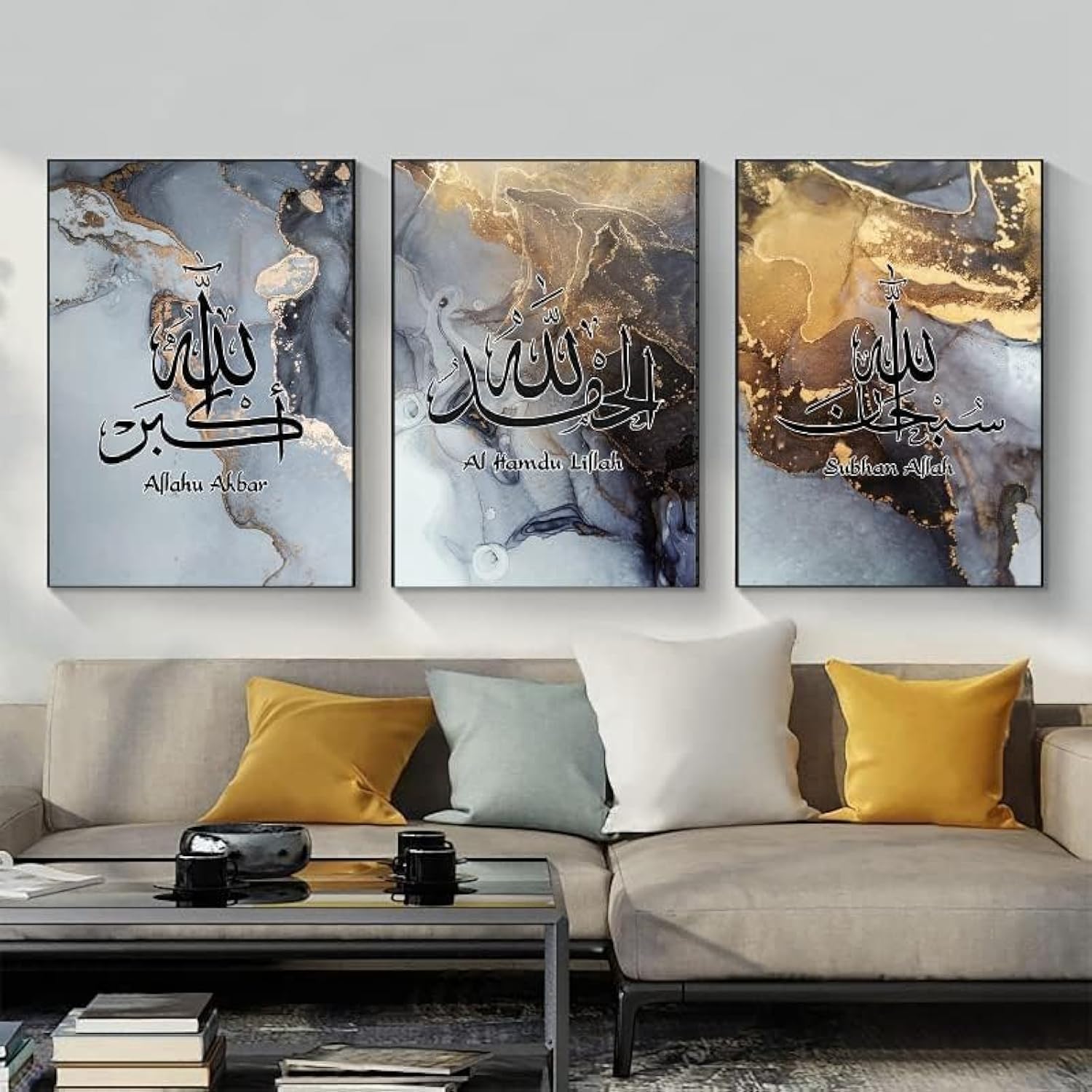 QPLGTU Islamic Art Canvas, Arabic Marble Painting, Bedroom & Living Room Wall Decor, Frameless (Style 14, 60x90cm*3)