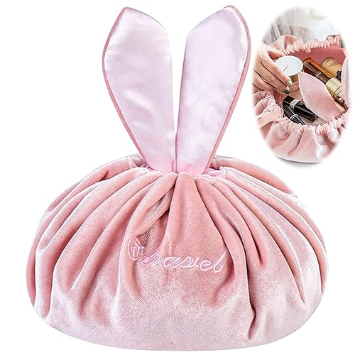 Lazy Make up Bag, Velvet Drawstring Cosmetic Bag Portable Large Capacity Cosmetic Bag Pouch Travel Makeup Pouch Storage Organizer Toiletry Bag with Cute Rabbit Ear for Women Girls