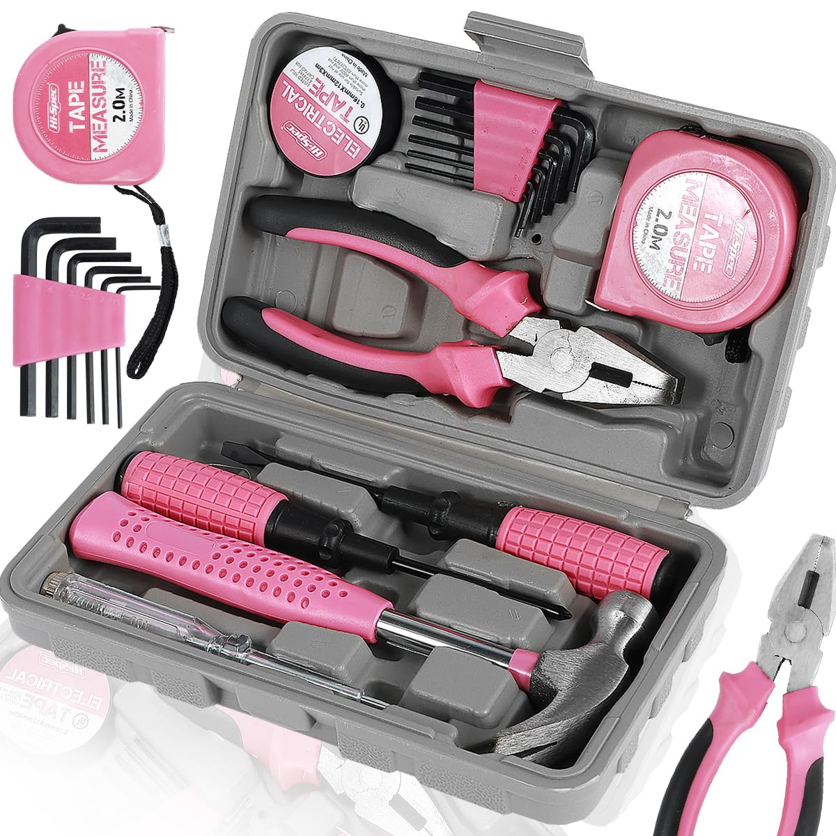 Pink Tool Kit—13Pcs Household DIY Hand Tool Set Multi-Purpose Home Repair Tool Box Include Hammer Allen Key Set Electrical Tape Screwdriver Test Pen Plier Bits (13pcs)