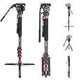 Avella CD324 Carbon Fiber Video Monopod Kit, with Fluid Head and Removable feet, 71 Inch Max Load 13.2 LB for Canon Nikon Sony Olympus Panasonic DSLR Camera