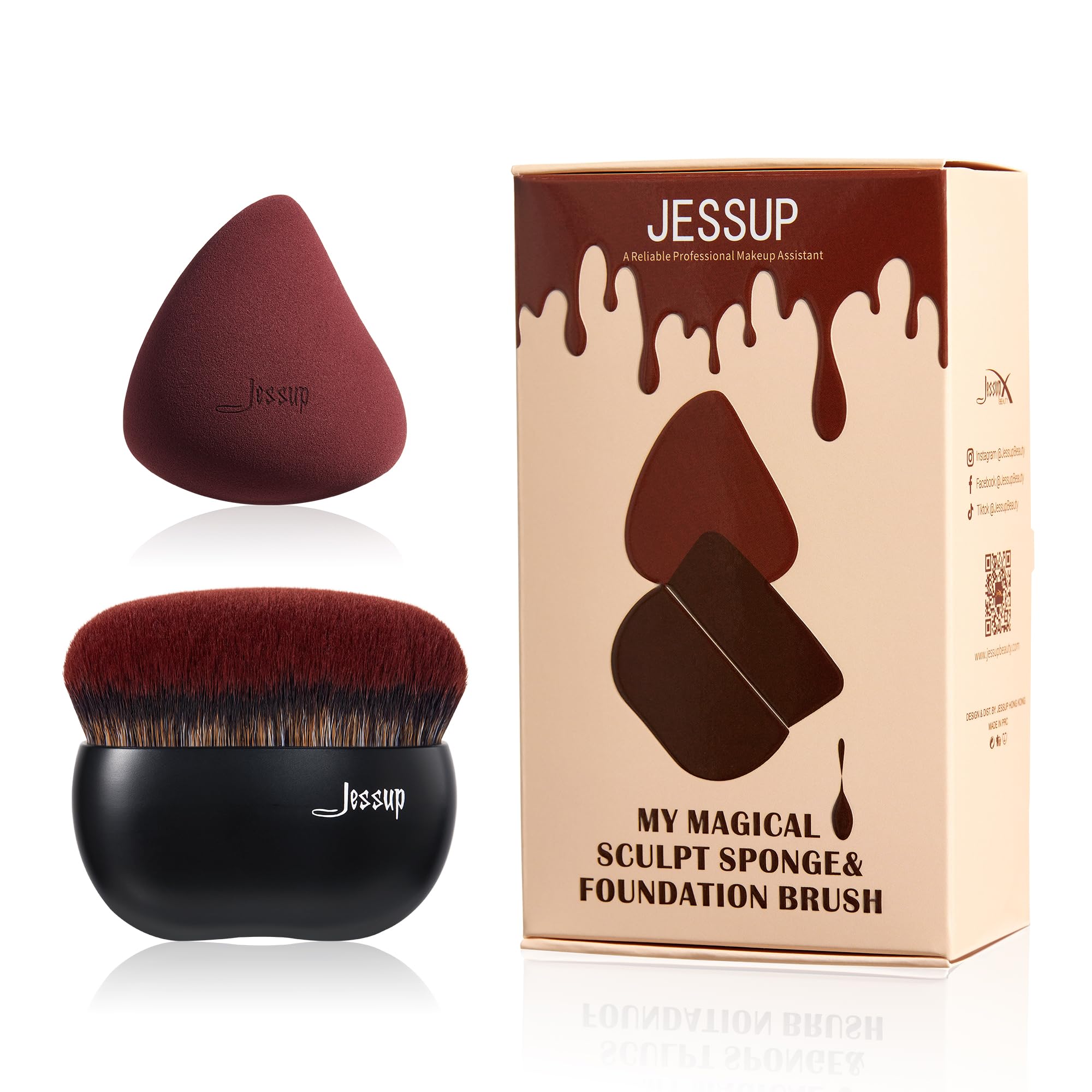 Jessup Black Foundation Brush Set with Makeup Sponge, Flat Top Kabuki Brush for Liquid Blending, Microfiber Bristles, 2-Piece Set