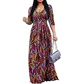 Yajedo Womens Casual Summer Maxi Dress Plus Size Sexy Warp V Neck 3/4 Sleeve Sundress with Poctets