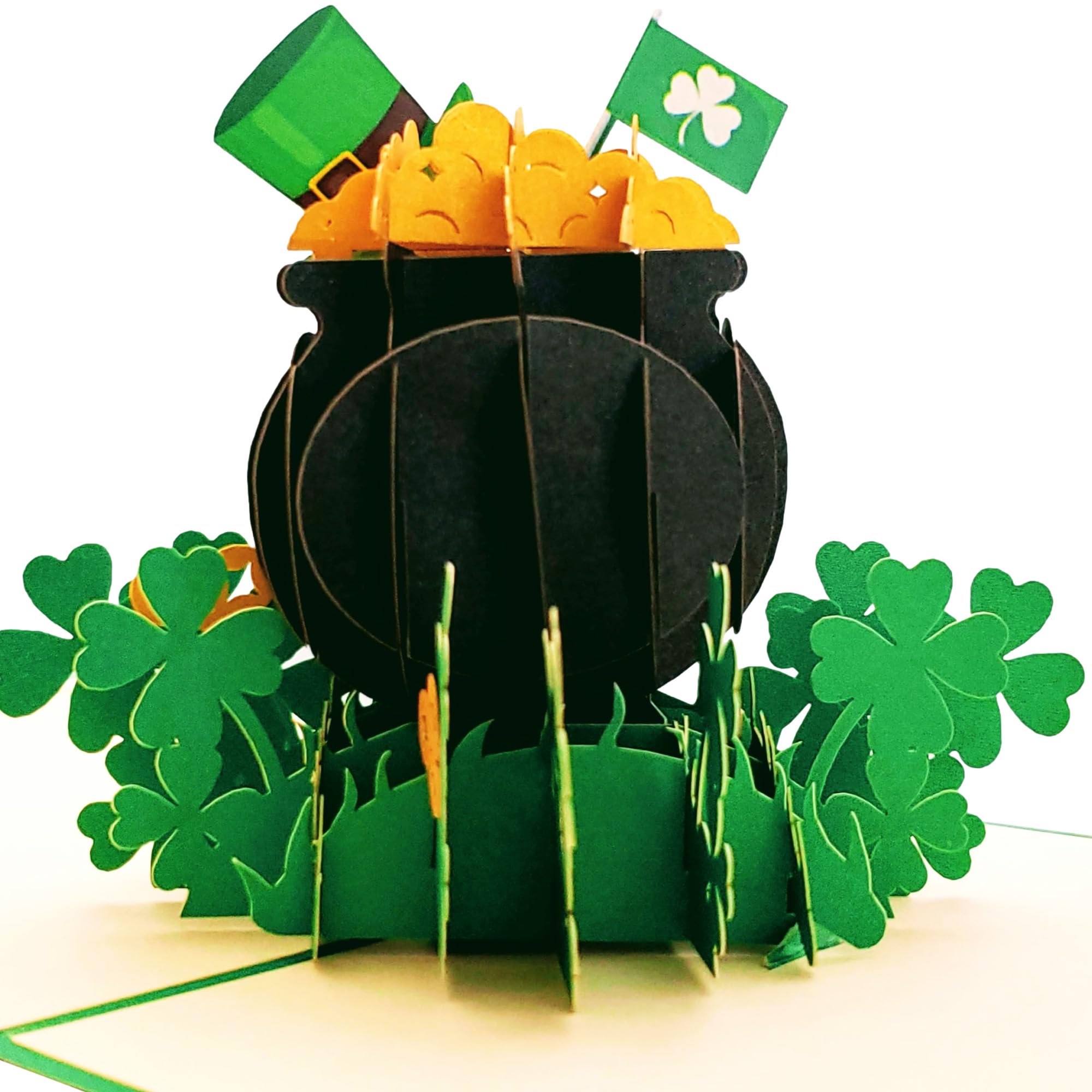 iGifts And Cards Leprechaun Hat on Pot of Gold 3D pop up card - Saint. Patrick's Day Card, Cool, Unique, Irish, Green, Four-Leaf, St. Paddy's, Celebration, Shamrock, Good Luck