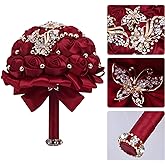 Cileruide 7 Inch Wedding Bouquet Red Satin Flower Bridal Holding Bridesmaid Button Brooch Artificial Rose Bouquet for Indoor Outdoor Wedding Bridal Shower Bouquet Quinceanera (#306 Burgundy)