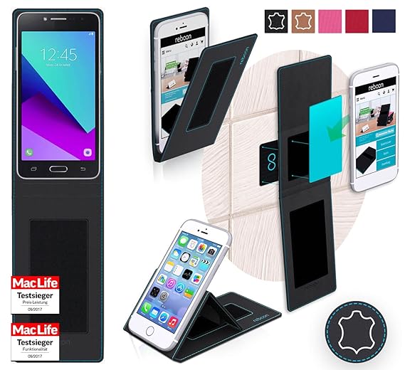 reboon Hülle für Samsung Galaxy J2 Prime Tasche Cover Case Bumper | Schwarz Leder | Testsieger