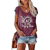 LOOKFACE Women's V-Neck Casual Loose Fit Tees Cap Sleeve Graphic Beach Tops