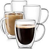Potdoctor Double Walled Glass Coffee Mugs Set of 4, 12.5OZ Hand Blown Insulated Clear Glass Coffee Cups with Handle,Perfect for Latte,Cappuccino, Espresso, American,Tea Bag, Beverage