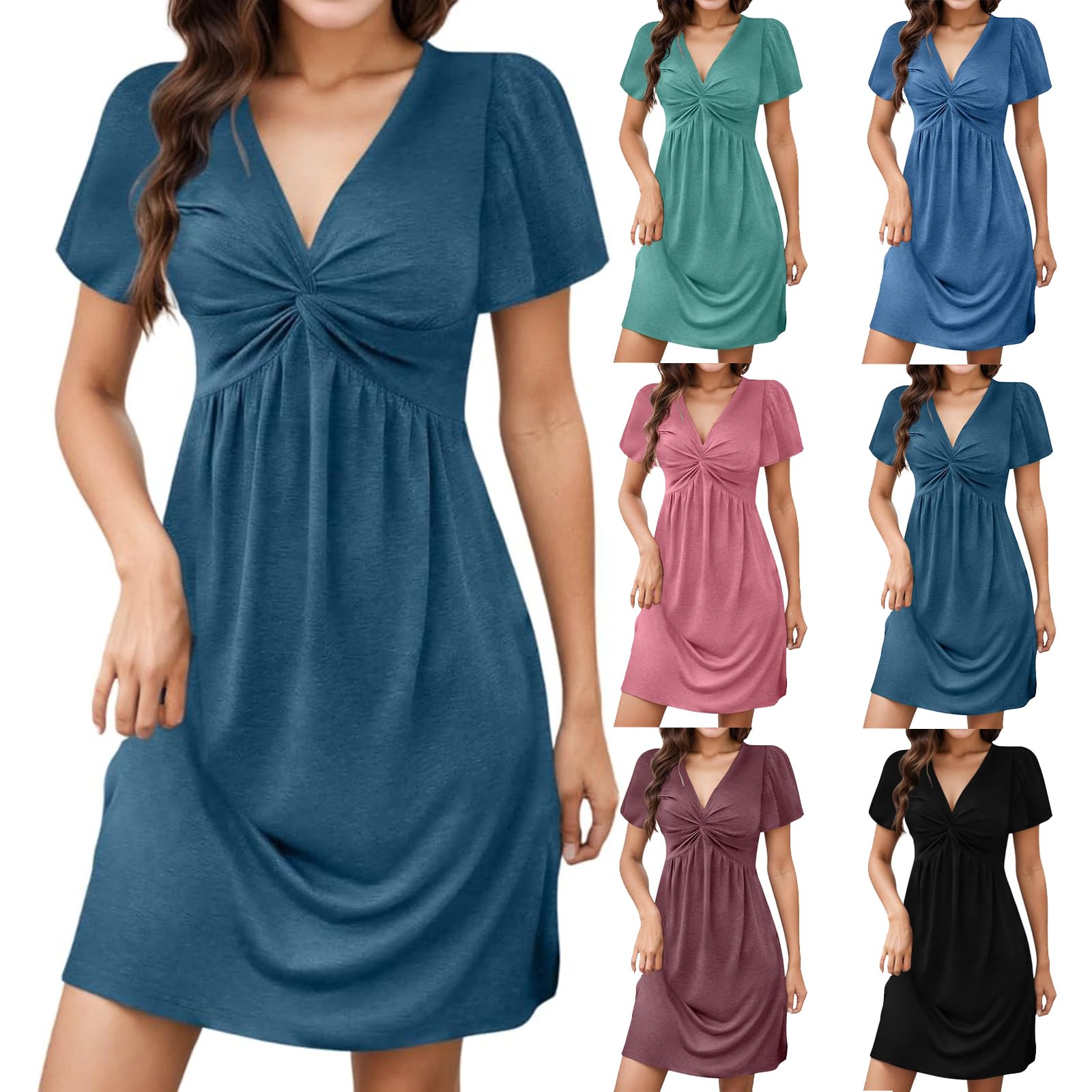 A Line Dresses for Women V Neck Twist Knot Front Dress Fit and Flare Short Sleeve Sundress Summer Clothes for Women Flattering Dress to Hide Tummy Vestido para La Playa de Mujer