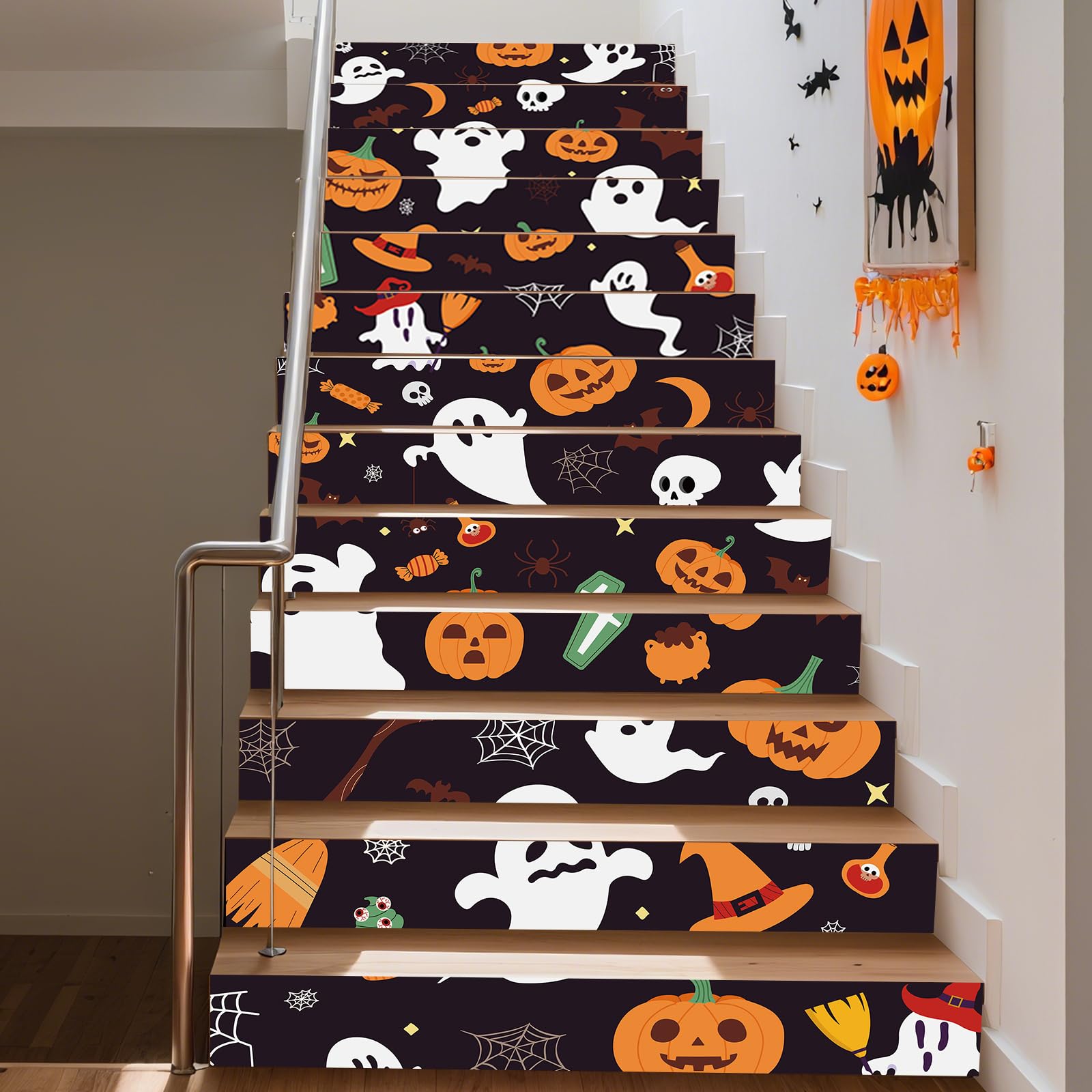 PLIGREAT 15 Strips Happy Halloween Pattern Stair Decals Peel and Stick