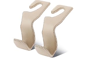 EldHus Car Seat Hooks for Purses and Bags, 2 Pack Car Purse Holder for Grocery Bag Handbag Clothes, Metal Headrest Hooks Covered by Leather, Beige