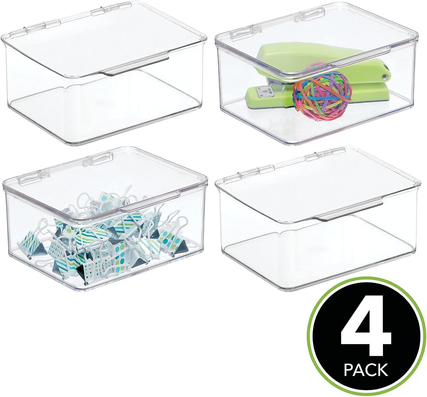 mDesign Small Mini Plastic Stackable Home, Office Supplies Storage Organizer Box with Attached Hinged Lid - Holder Bin for Note Pads, Gel Pens, Staples, Dry Erase Markers, Tape - 4 Pack - Clear : Office Products