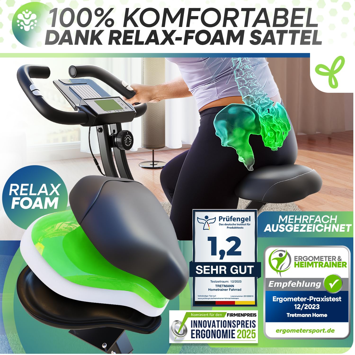 Neu Tretmann Hometrainer fahrrad Klappbar Set-extra bequem & leise- [RelaxFoam] bis 150KG Belastbar Ergometer, Heimtrainer fahrrad, Ergometer Heimtrainer Senioren, Fitnessbikes 2