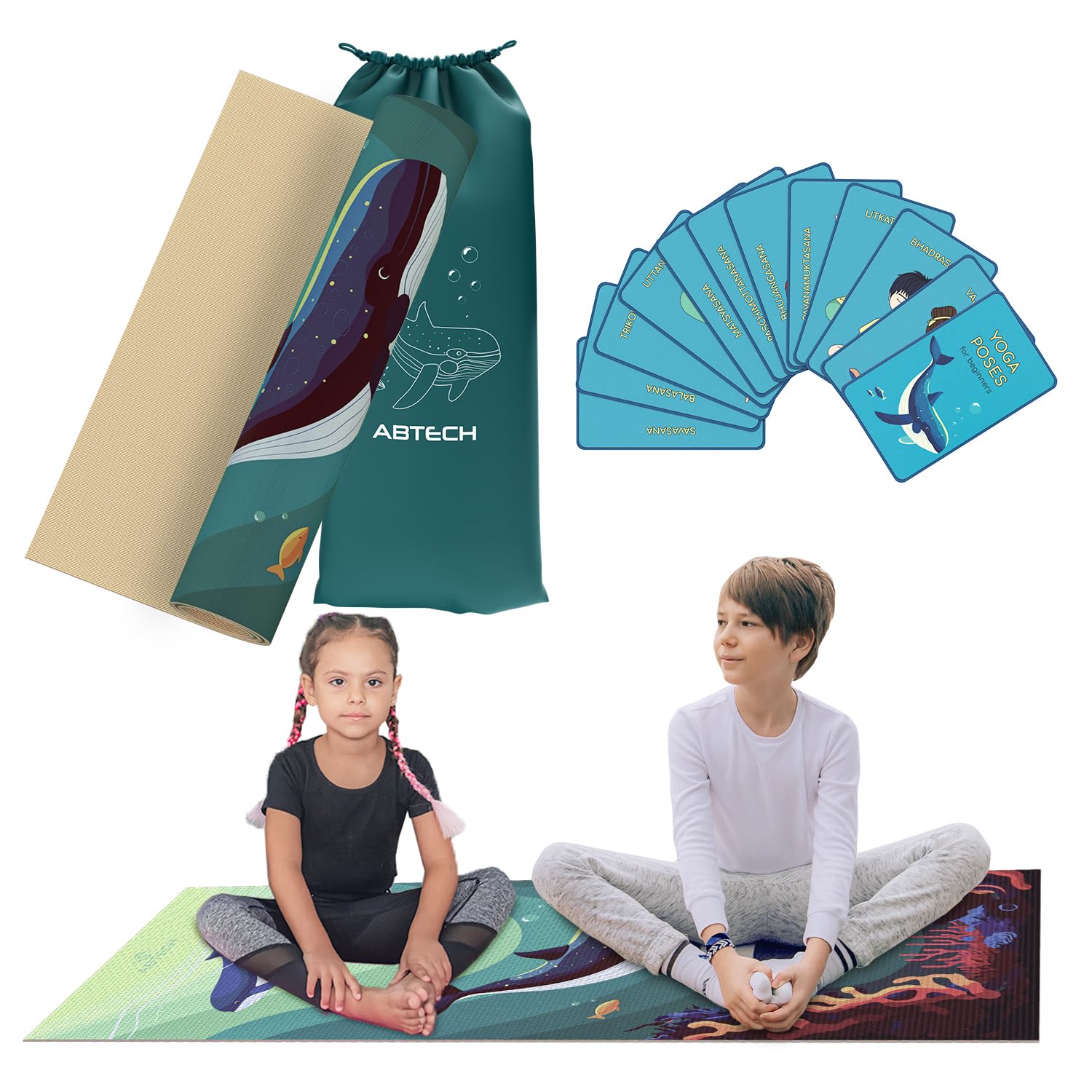 Abtech Kids Yoga Mat Set - Under the Sea Kid Yoga Mat Girl with 12 Yoga Cards, Storage Bag, Beige Play Mat Thick for Gymnastics Mat, Exercise Mat, No-Toxic and Non-Slip for Ages 3-12 Image