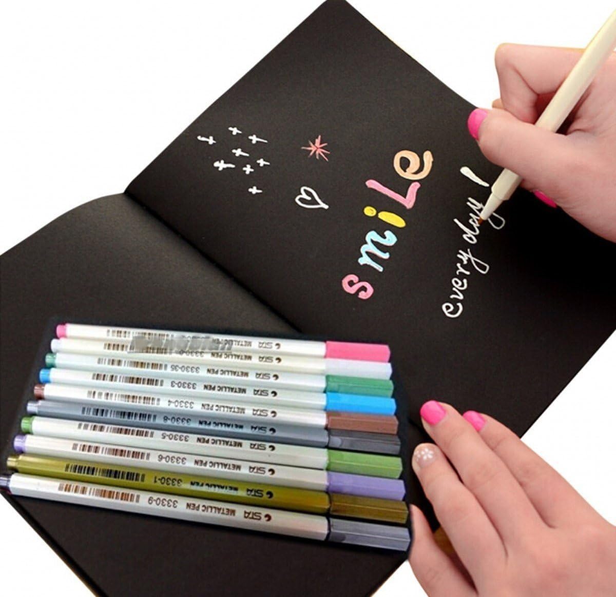 JOYRICE 1 Black Graffiti Book Sketchbook 10.03'' x 7.28'' + 10 Color Metallic Marker Pens for DIY Photo Album,Graffiti,Artist Drawing Or Any Surface-Paper,Glass,Plastic,Pottery DIY,Wedding Craft