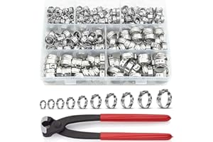 QOVYDX 139Pcs 11 Sizes Single Ear Hose Clamps with Pliers 304 Stainless Steel 6-33.1mm Stepless Cinch Rings Crimp Assortment Kit with Ear Clamp Pincer PEX Cinch Clamps Pinch Clamps for Pipe Hose