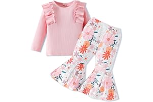Kislio Toddler Baby Girl Clothes Long Sleeve Ruffle Ribbed Solid Color Tops Flare Pants Bell Bottoms Fall Winter Outfit Set